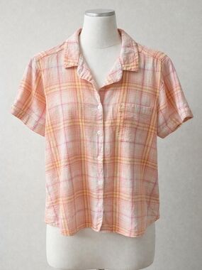 Lands' End Peach & Light Pink Plaid Short-Sleeve Button Shirt